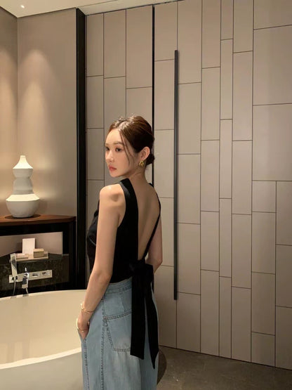 French-Style Backless Tie Bow Tank Top