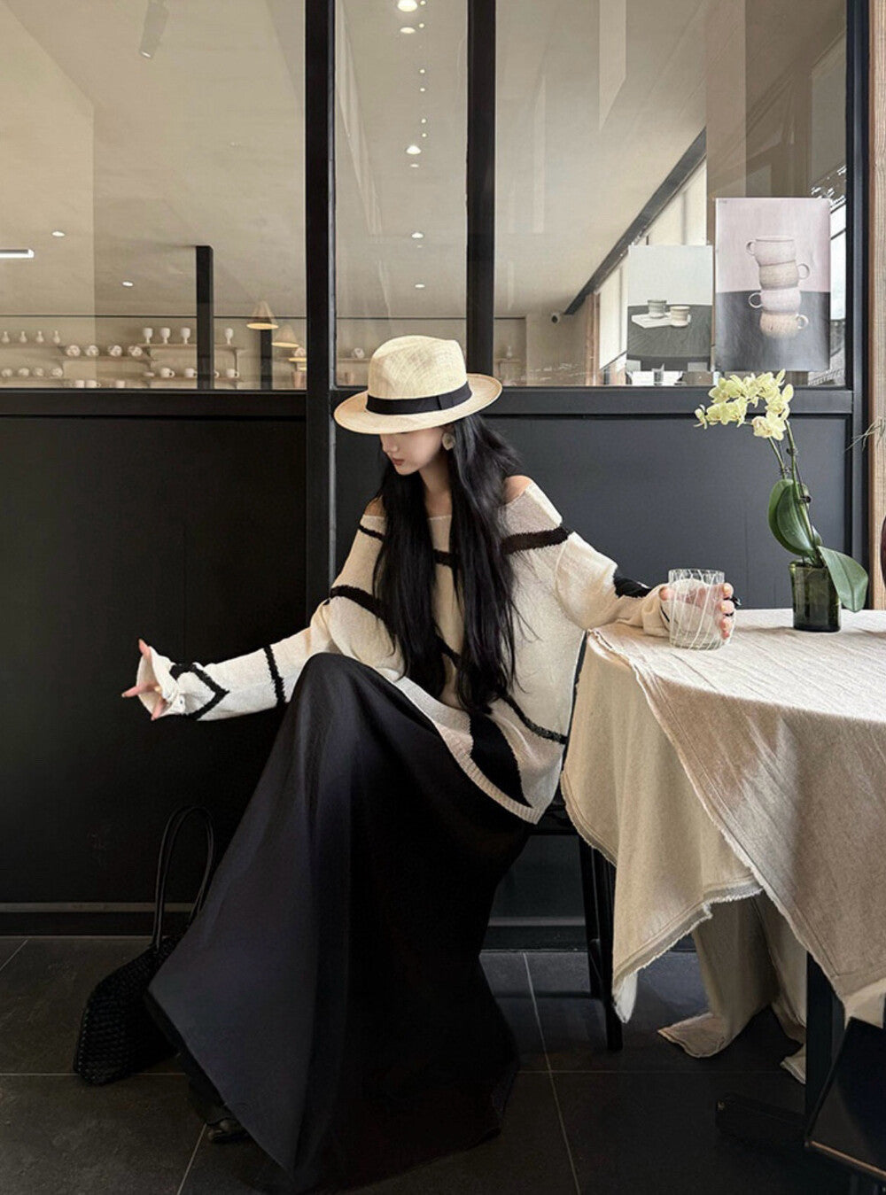 カラーブロックストライプルーズニットトップ