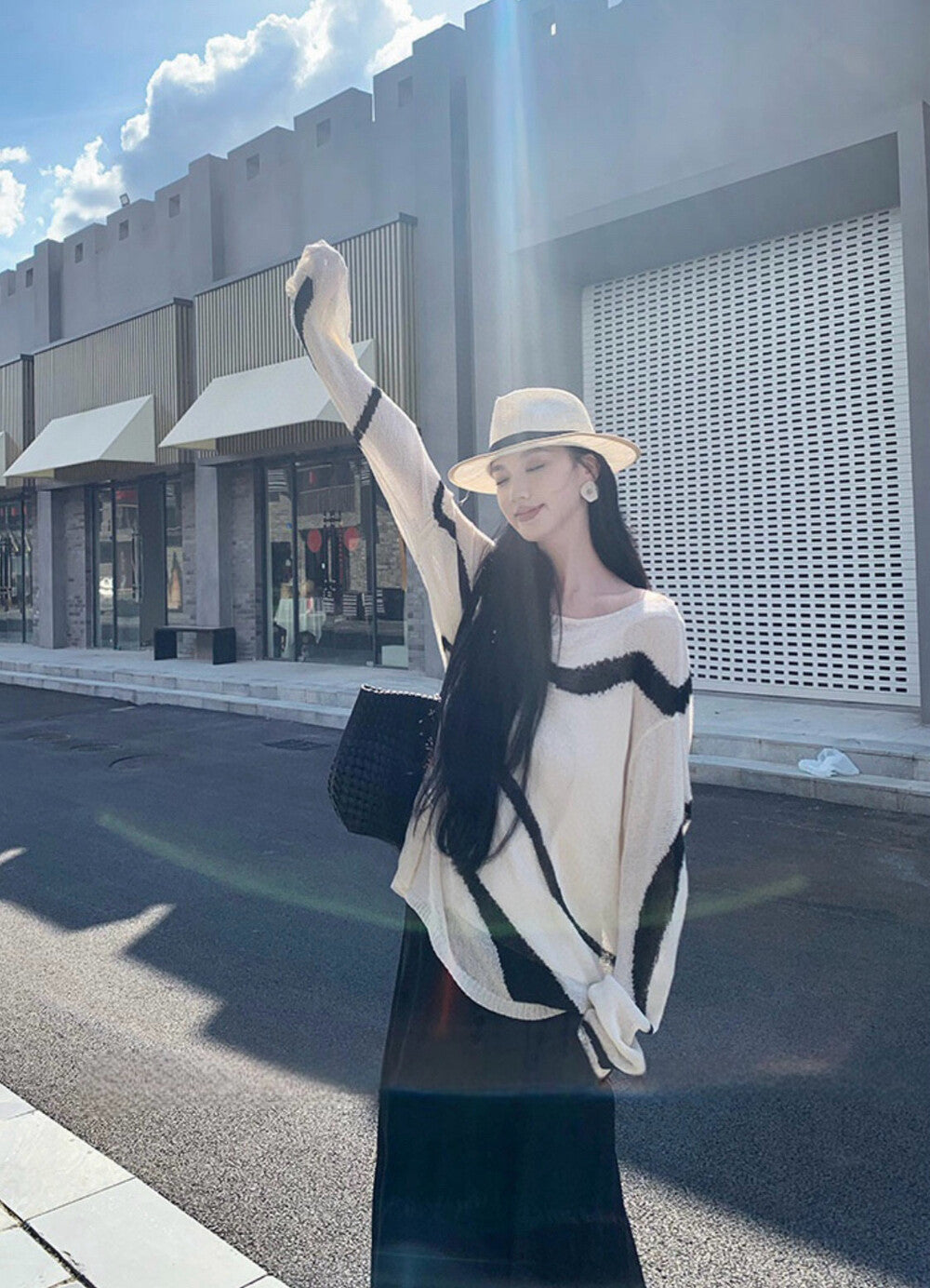 カラーブロックストライプルーズニットトップ