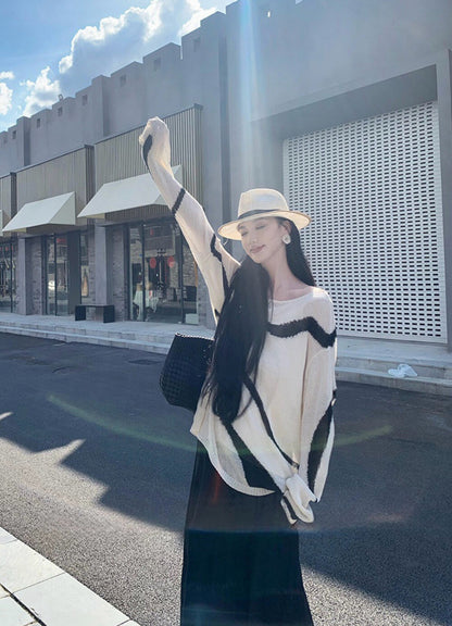 カラーブロックストライプルーズニットトップ