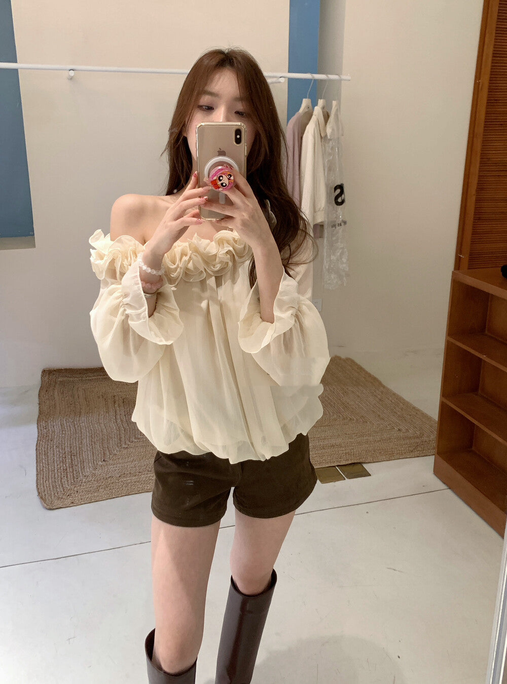 立體花邊斜肩雪紡恤衫