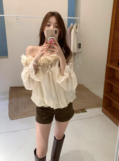 立體花邊斜肩雪紡恤衫