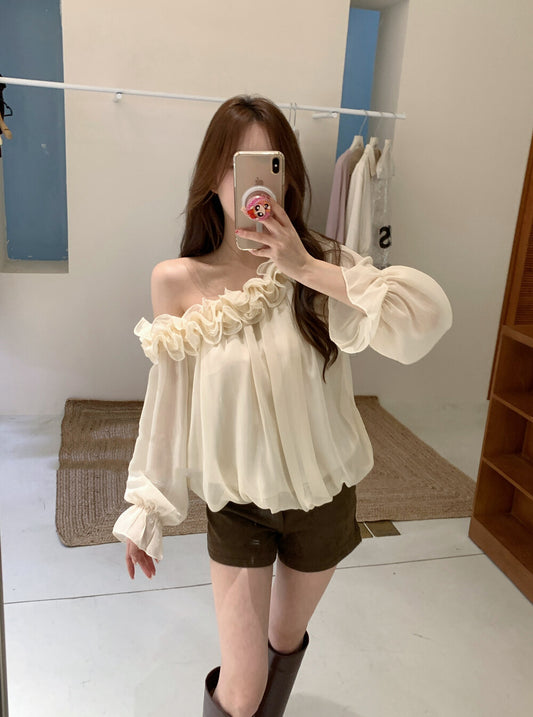 3D Appliqué Asymmetrical Shoulder Chiffon Blouse