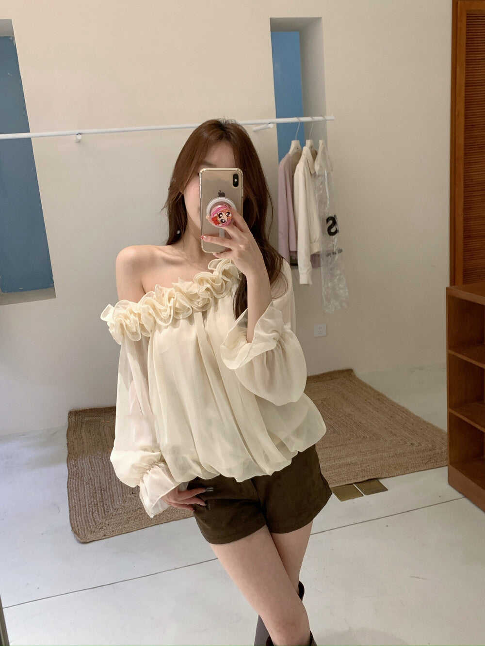 立體花邊斜肩雪紡恤衫