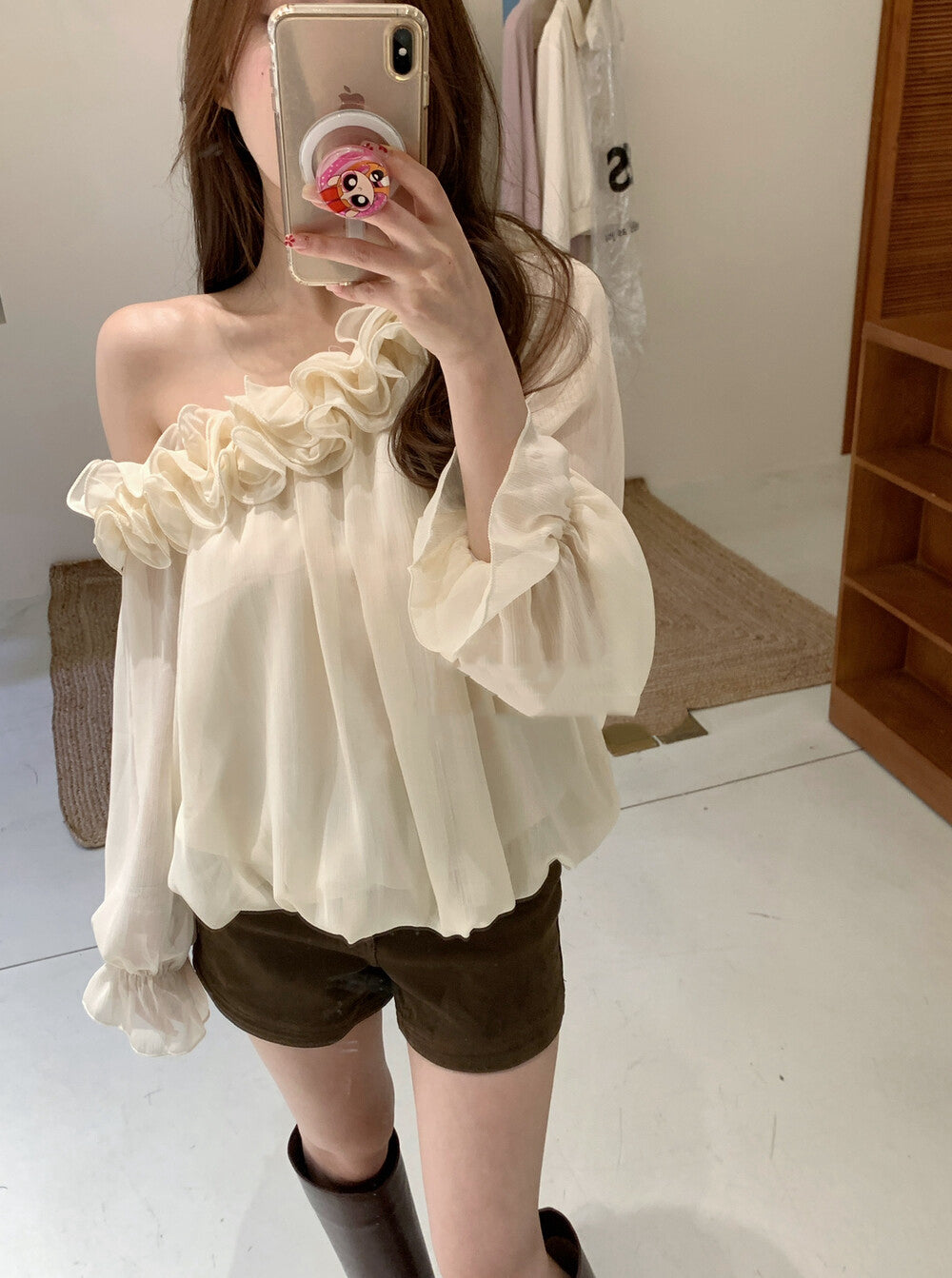 立體花邊斜肩雪紡恤衫