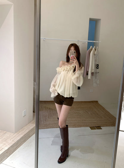 立體花邊斜肩雪紡恤衫