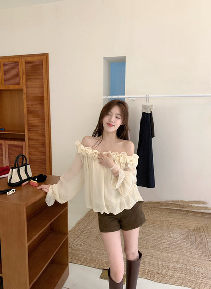 立體花邊斜肩雪紡恤衫