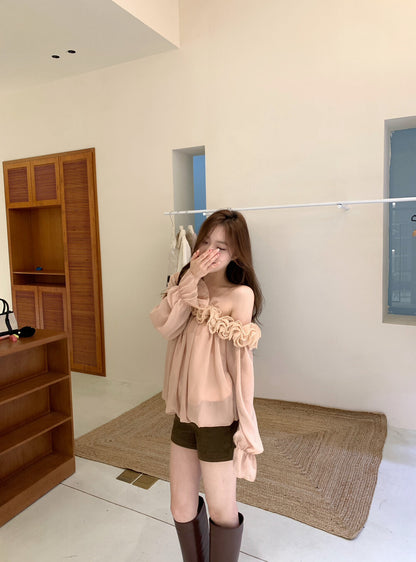 立體花邊斜肩雪紡恤衫