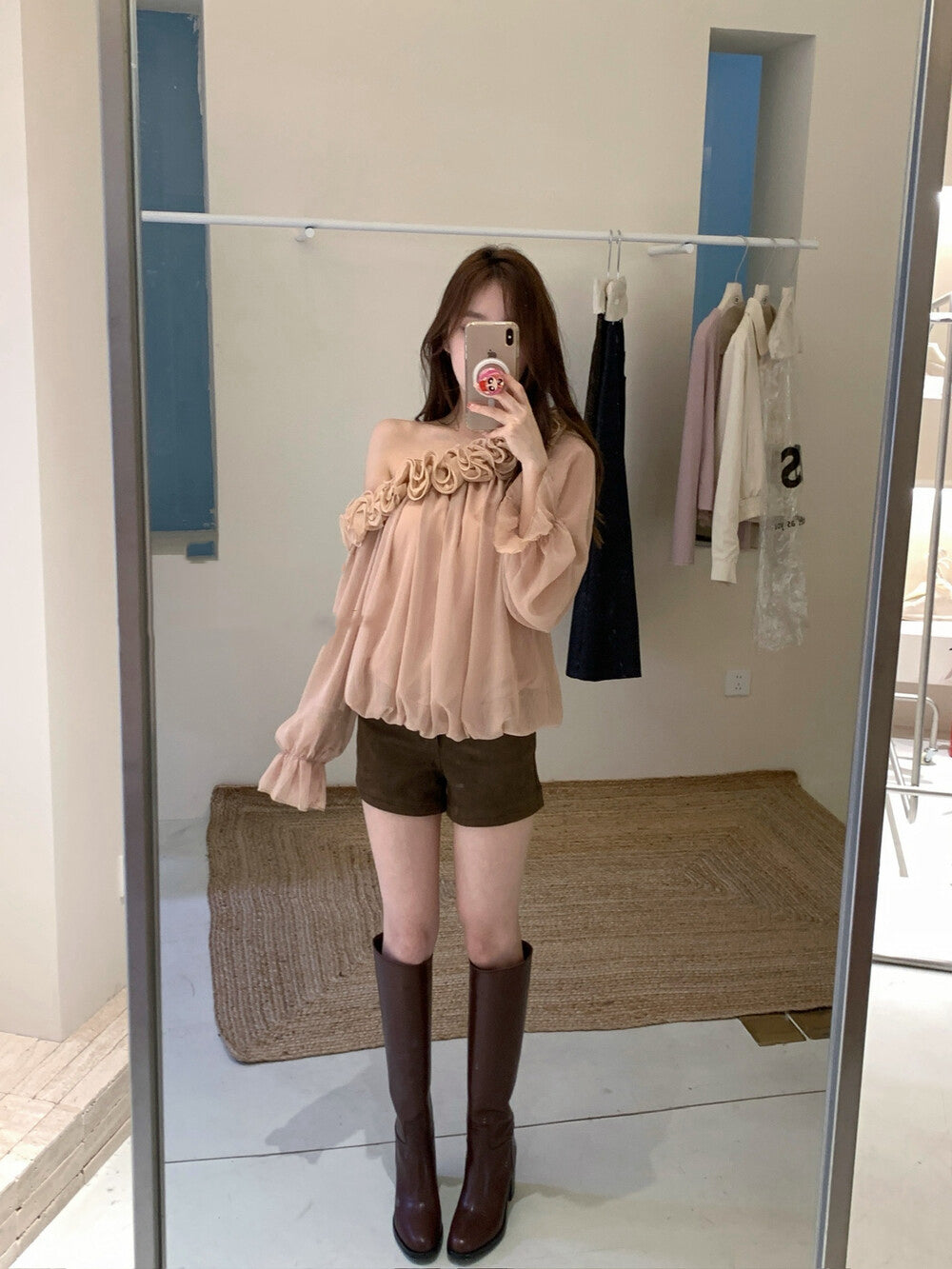 立體花邊斜肩雪紡恤衫