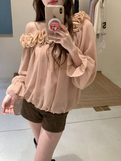 立體花邊斜肩雪紡恤衫