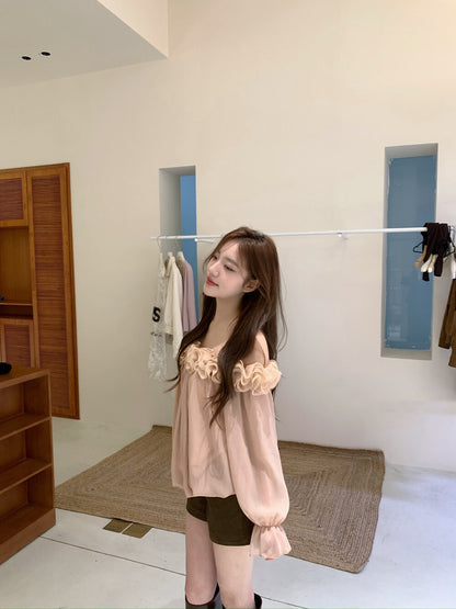 立體花邊斜肩雪紡恤衫