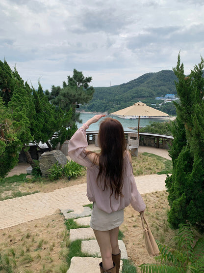 領口綁帶露肩花苞恤衫