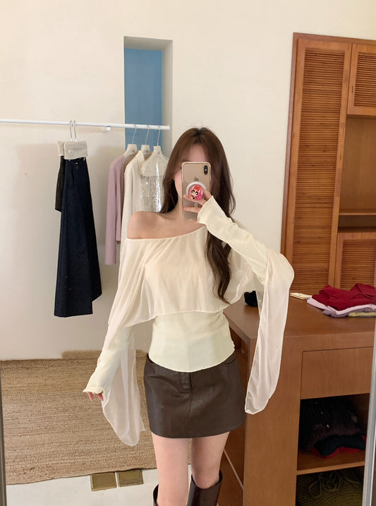 Asymmetric Sheer Mesh Patchwork Off-Shoulder Blouse