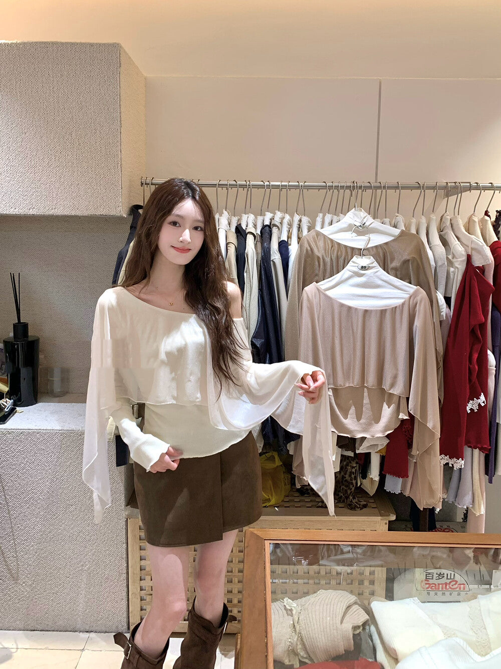 不規則薄紗拼接斜肩小衫