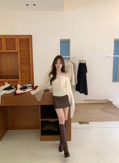 不規則薄紗拼接斜肩小衫