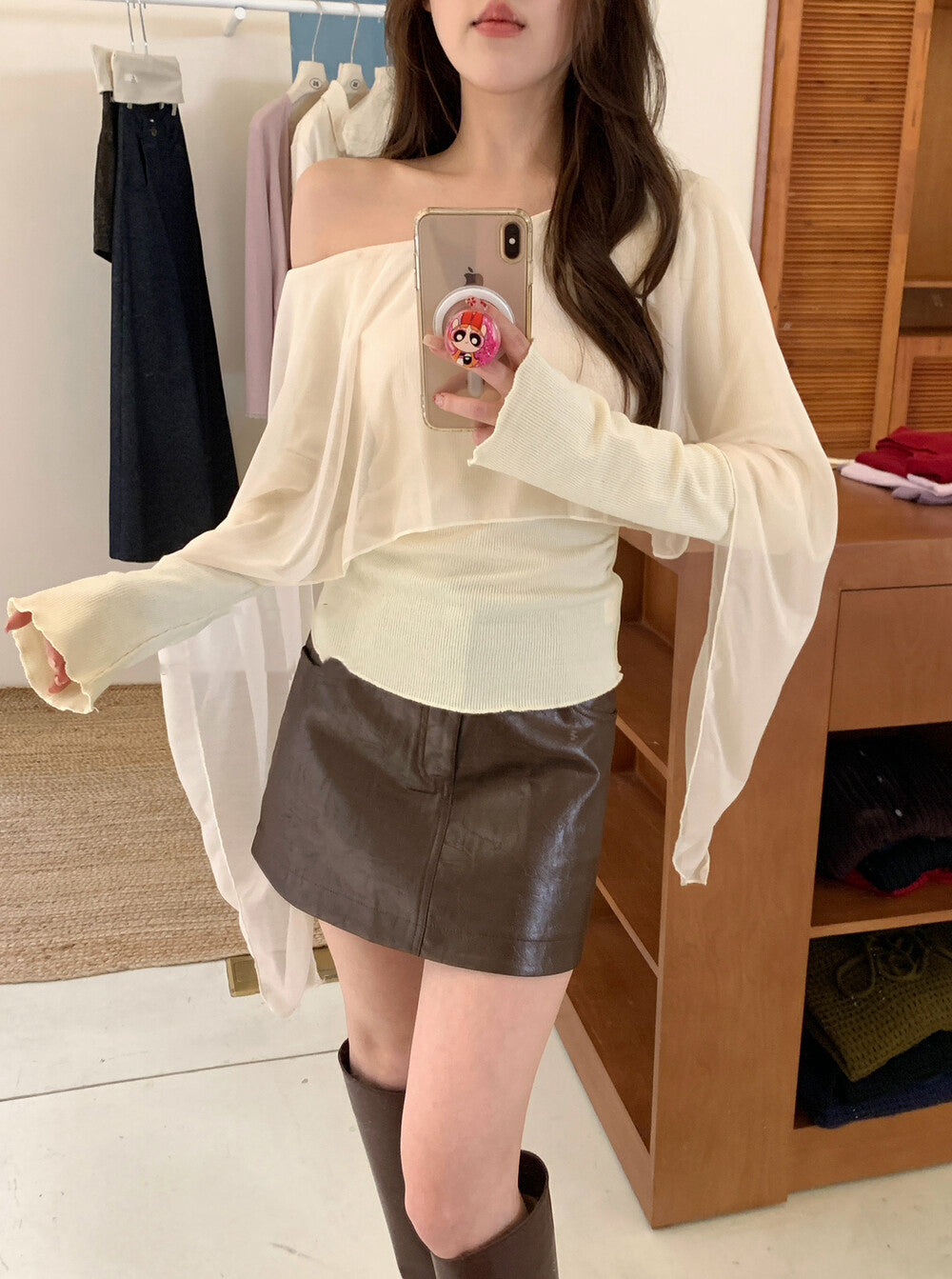 不規則薄紗拼接斜肩小衫