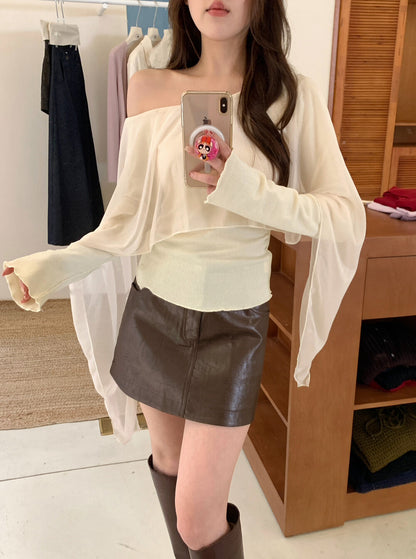 不規則薄紗拼接斜肩小衫