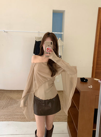 不規則薄紗拼接斜肩小衫
