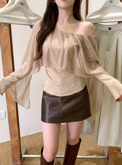 不規則薄紗拼接斜肩小衫