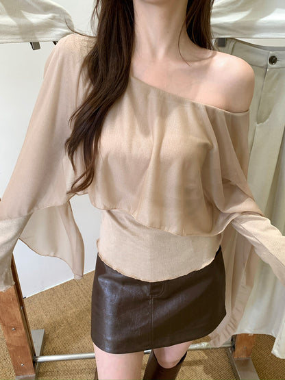 不規則薄紗拼接斜肩小衫