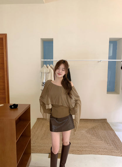 不規則薄紗拼接斜肩小衫