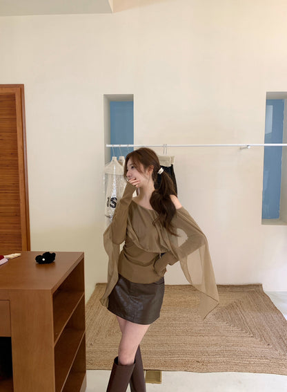 不規則薄紗拼接斜肩小衫
