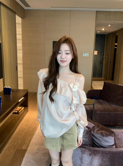 Satin Ruffle Floral One-Shoulder Blouse