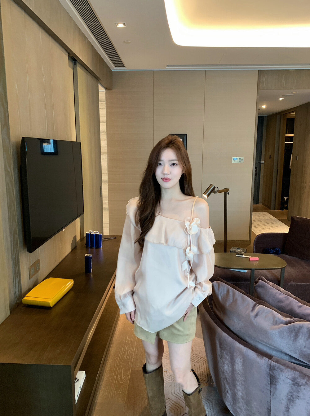 Satin Ruffle Floral One-Shoulder Blouse