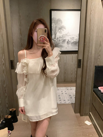 Satin Ruffle Floral One-Shoulder Blouse