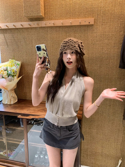 Halter V-neck Backless Tank Top