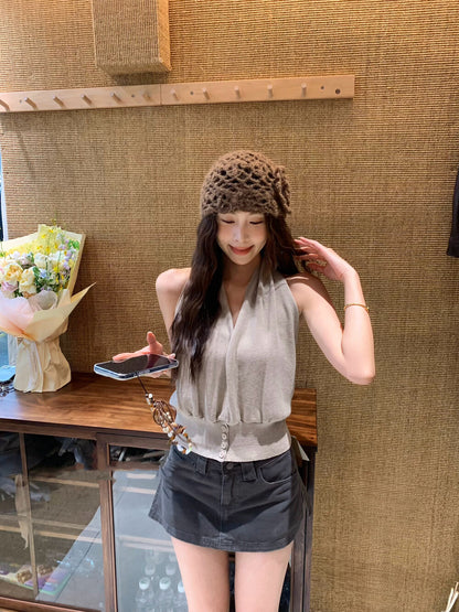 Halter V-neck Backless Tank Top