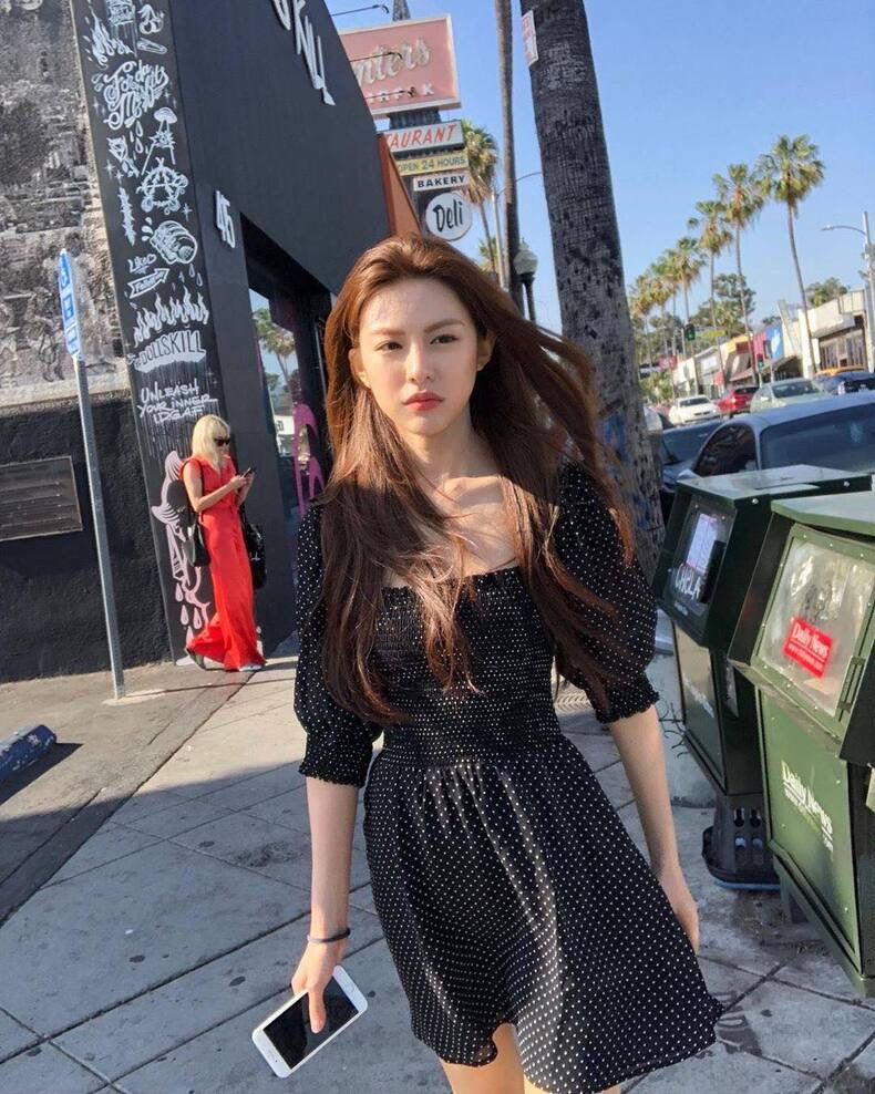 Square Neck Pleated Waist Polka Dot Dress