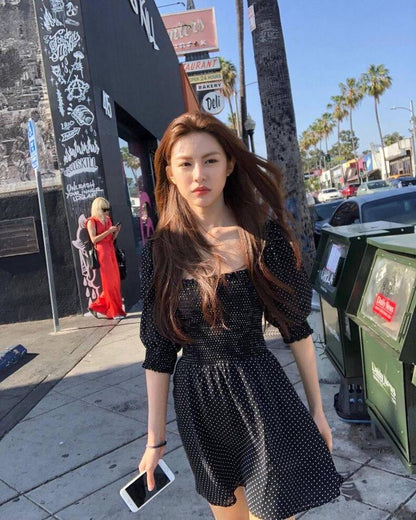 Square Neck Pleated Waist Polka Dot Dress