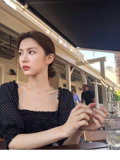 Square Neck Pleated Waist Polka Dot Dress