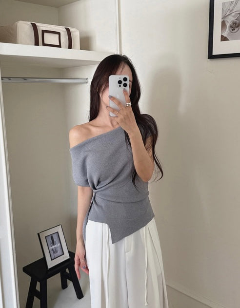 Asymmetrical Neckline Irregular Slit Tie Waist Knit Top