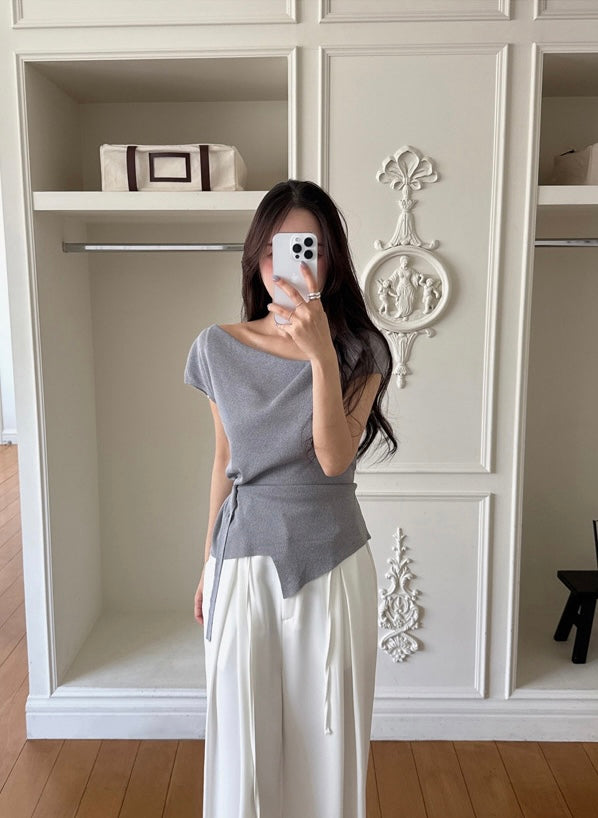 Asymmetrical Neckline Irregular Slit Tie Waist Knit Top