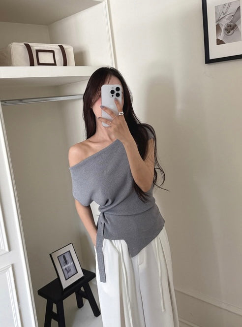 Asymmetrical Neckline Irregular Slit Tie Waist Knit Top