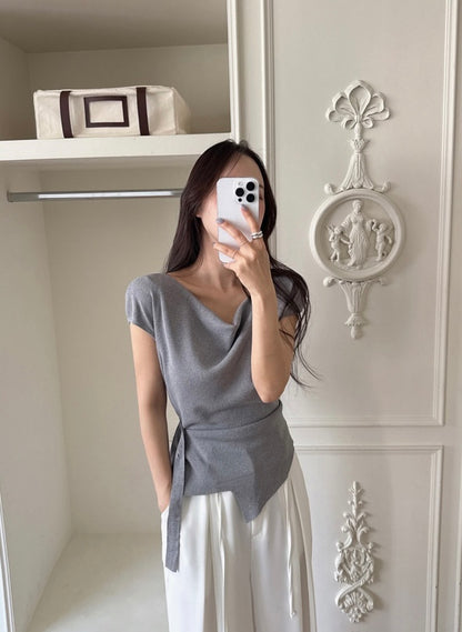 Asymmetrical Neckline Irregular Slit Tie Waist Knit Top