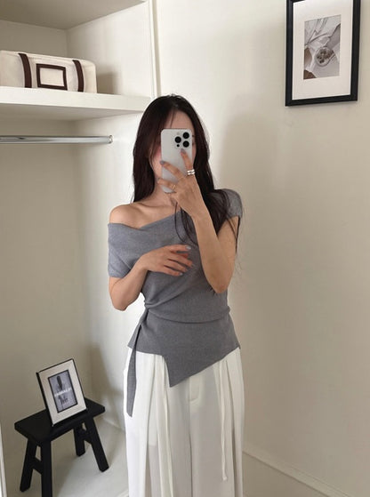 Asymmetrical Neckline Irregular Slit Tie Waist Knit Top