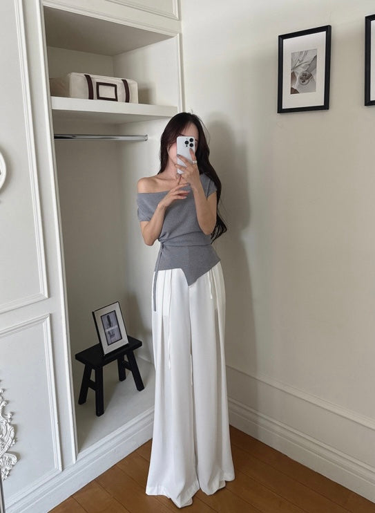 Asymmetrical Neckline Irregular Slit Tie Waist Knit Top