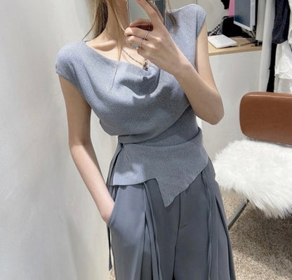 Asymmetrical Neckline Irregular Slit Tie Waist Knit Top