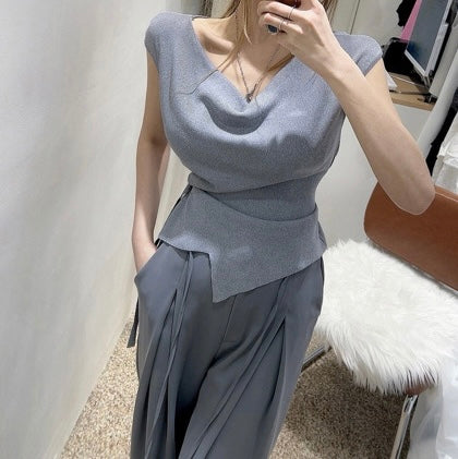 Asymmetrical Neckline Irregular Slit Tie Waist Knit Top