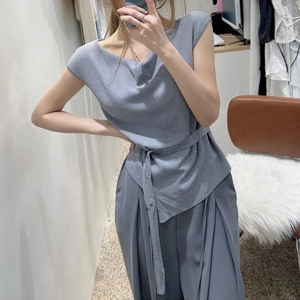 Asymmetrical Neckline Irregular Slit Tie Waist Knit Top