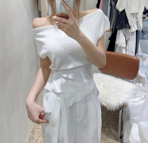 Asymmetrical Neckline Irregular Slit Tie Waist Knit Top