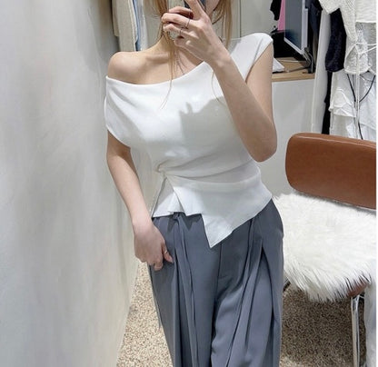 Asymmetrical Neckline Irregular Slit Tie Waist Knit Top