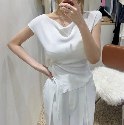 Asymmetrical Neckline Irregular Slit Tie Waist Knit Top