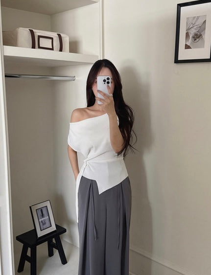 Asymmetrical Neckline Irregular Slit Tie Waist Knit Top
