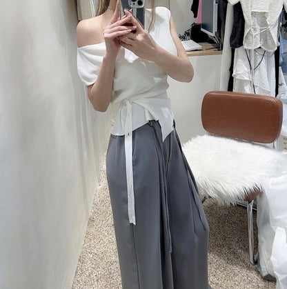 Asymmetrical Neckline Irregular Slit Tie Waist Knit Top