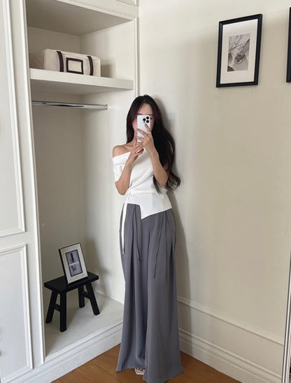 Asymmetrical Neckline Irregular Slit Tie Waist Knit Top