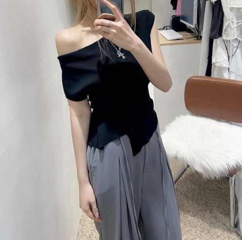 Asymmetrical Neckline Irregular Slit Tie Waist Knit Top
